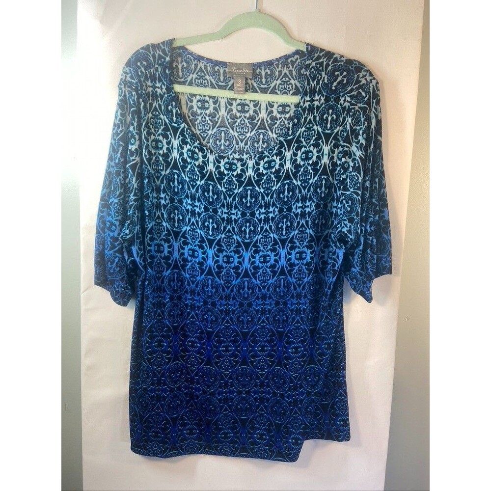 TRAVELERS BY CHICO'S WOMENS XLARGE 3 BLUE SHORT SLEEVE PULLOVER SHIRT